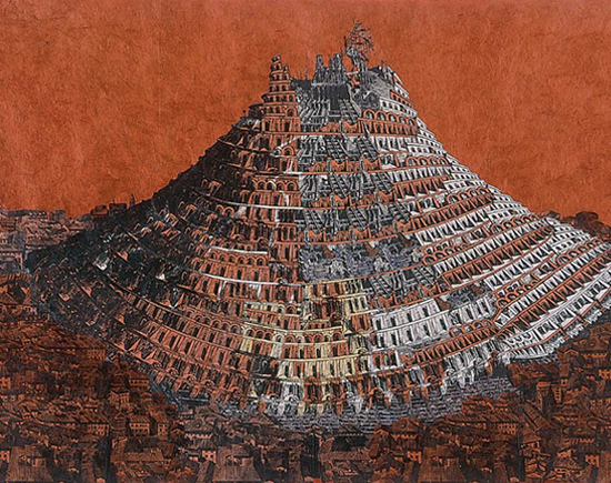ANNE DESMET  Tower of Babel (Sandstone) Wood engraving, linocut, flexograph print, black pen & collage on paper